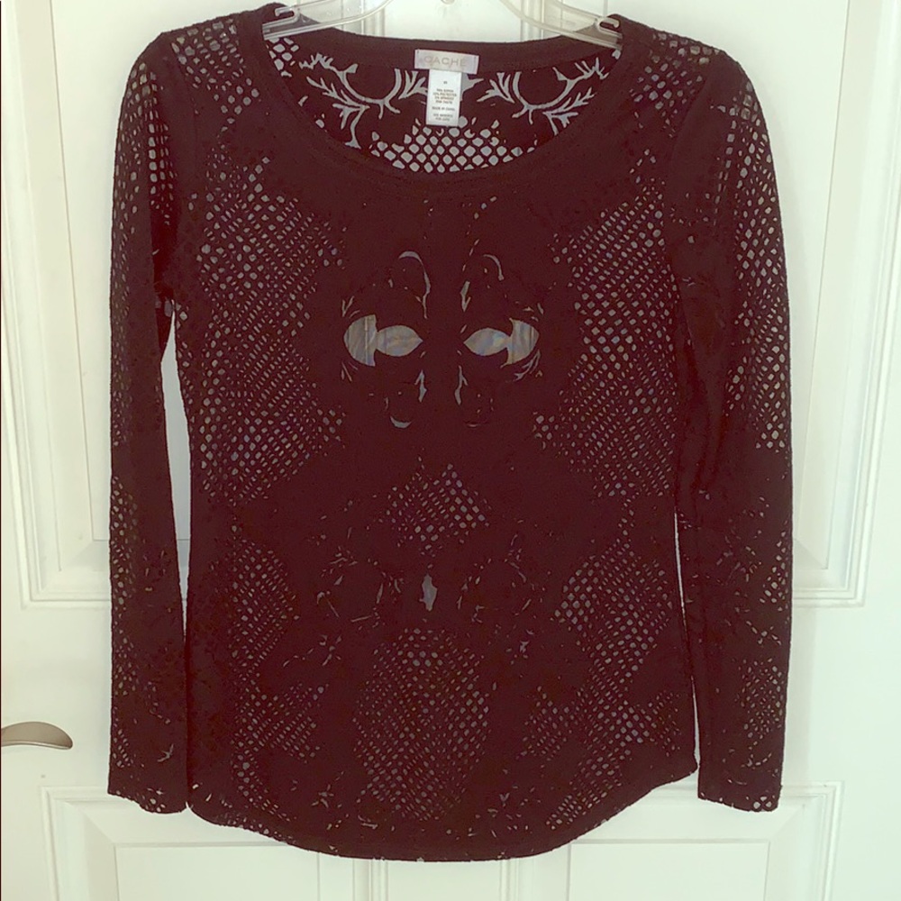 BLACK LONG SLEEVE SHEER TOP FROM CACHE SIZE XS